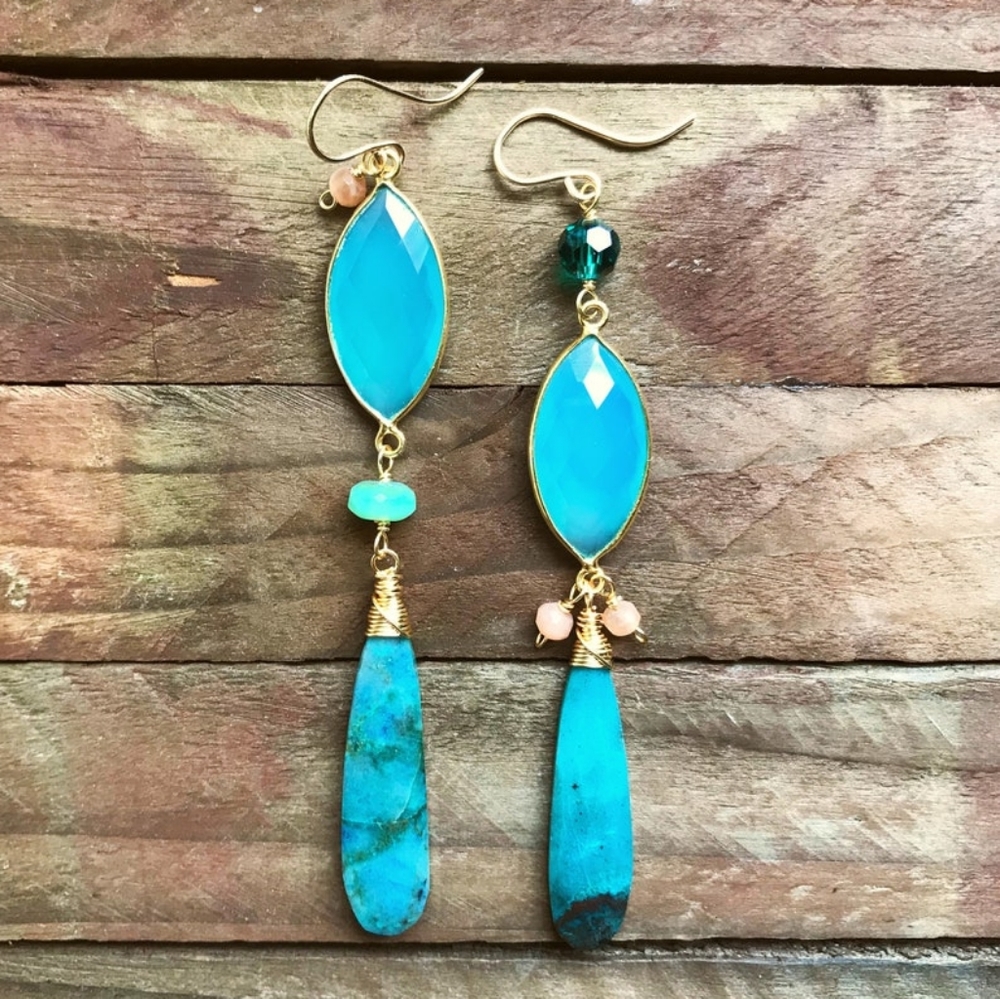 NWOT Asymmetrical Chalcedony, Chrysocolla, Moonstone, 14k Gold Platedd Earrings!